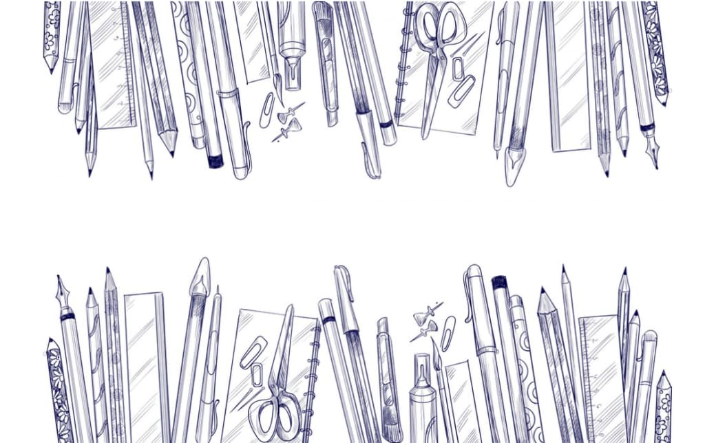 Seamless pattern of sketched stationery items like pencils, scissors, and rulers on white background
